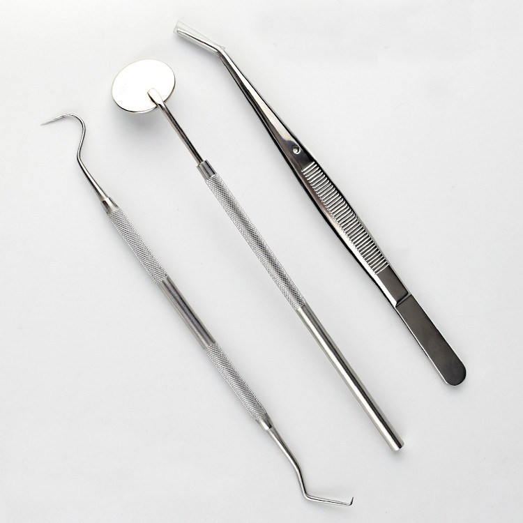 3 Pcs Kit Stainless Steel Dental Probe Tweezer And Mouth Mirror With Handle